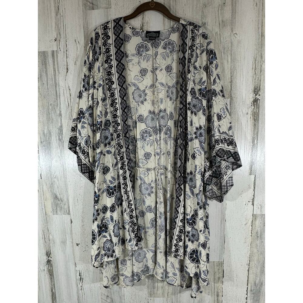 Angie Kimono Top Size Medium Blue‎ Black Floral Tie Back Oversized Breezy Flowy